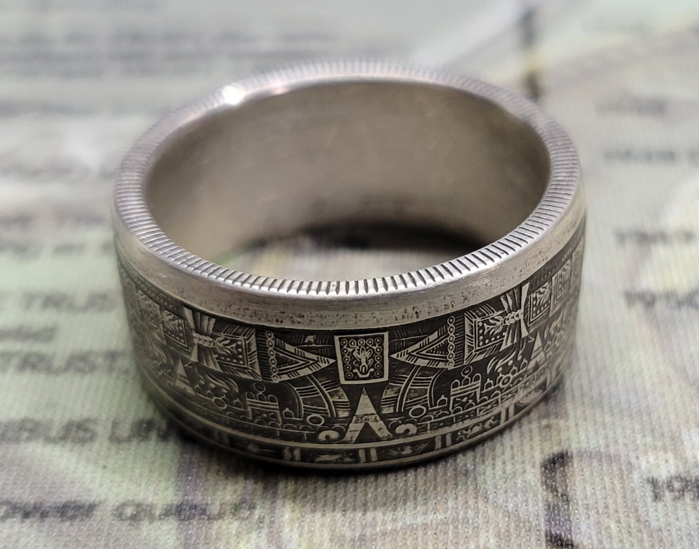 Large Aztec calendar coin ring