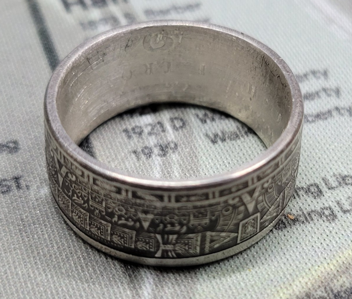 Large Aztec calendar coin ring