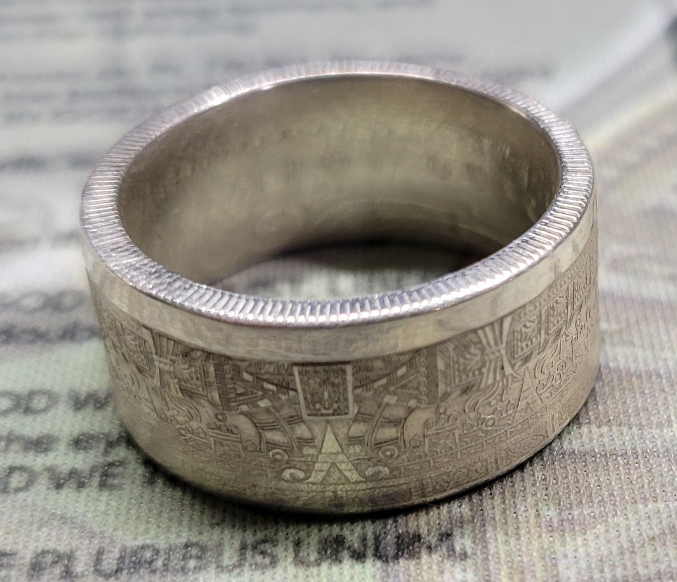 Large Aztec calendar coin ring