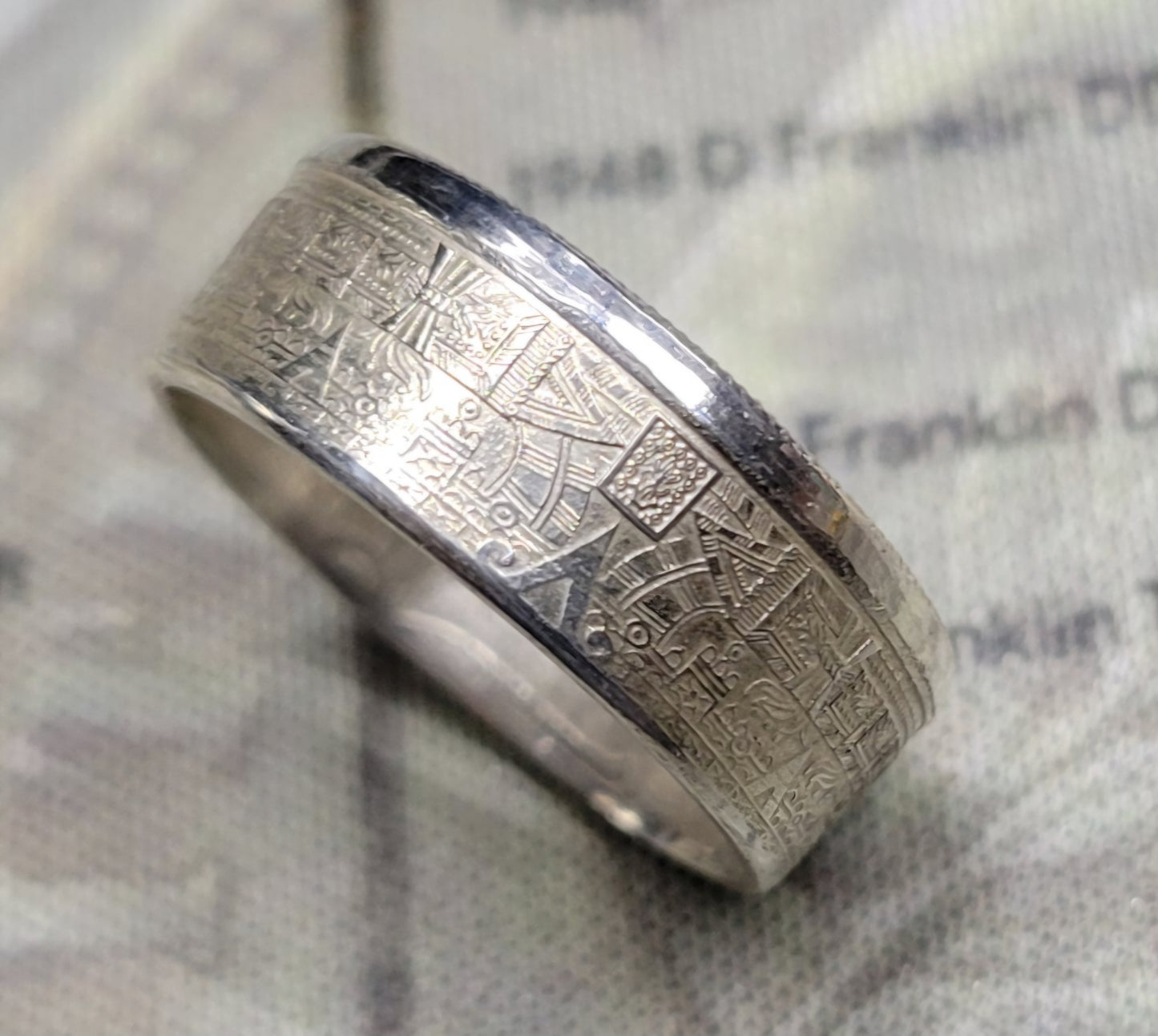 Small Aztec calendar coin ring