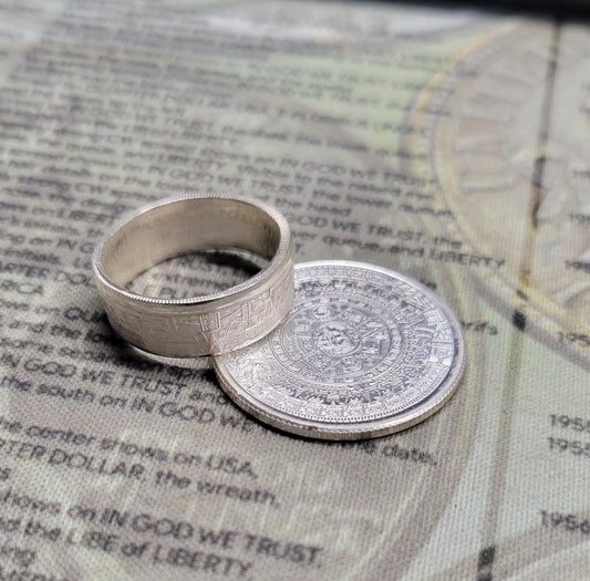 Small Aztec calendar coin ring